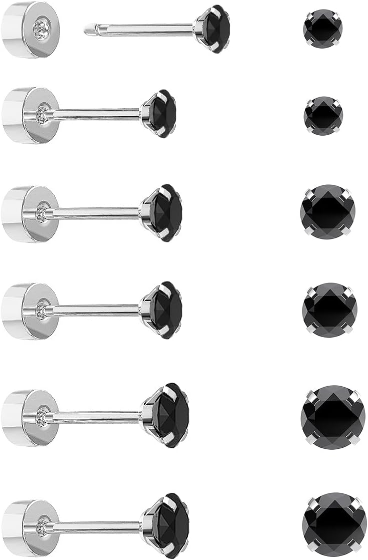 Yetonload 5-6 pairs Push-in Flat Back Stud Earrings Hypoallergenic Surgical Stainless Steel Cubic Zirconia Earrings Studs Set Multi-Pack, CZ Stud Earrings for Women Men Trendy Cartilage Stud Earrings 2-8mm - Image 1